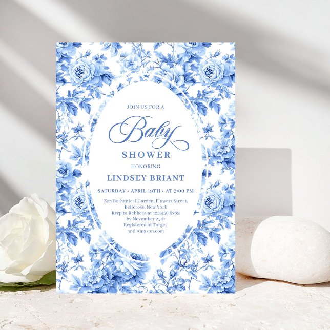 Refined Royal Blue Toile de Jouy Floral Baby Showe Inbjudningar (Refined Royal Blue Toile de Jouy Floral Baby Shower)