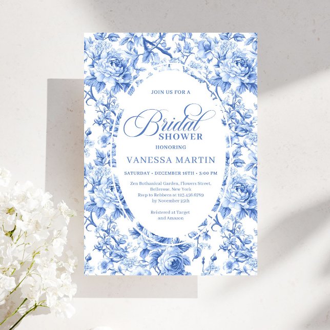 Refined Royal Blue Toile de Jouy Floral Bridal Inbjudningar (Refined Royal Blue Toile de Jouy Floral Bridal Shower)