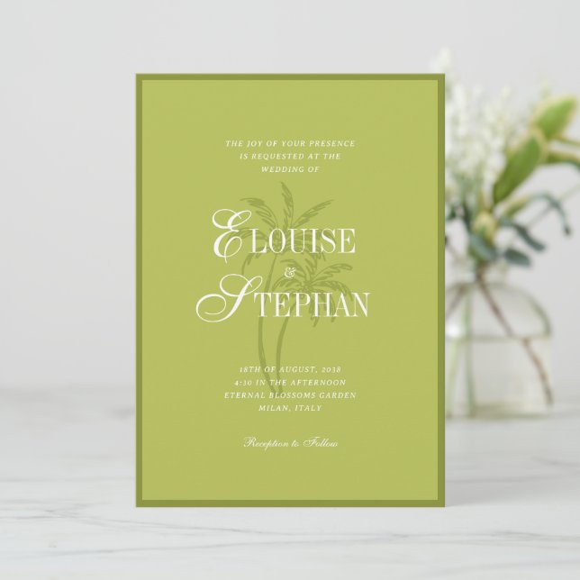 Refined Script Palm Tree Chartreuse Beach Wedding Inbjudningar (Stående Fram)