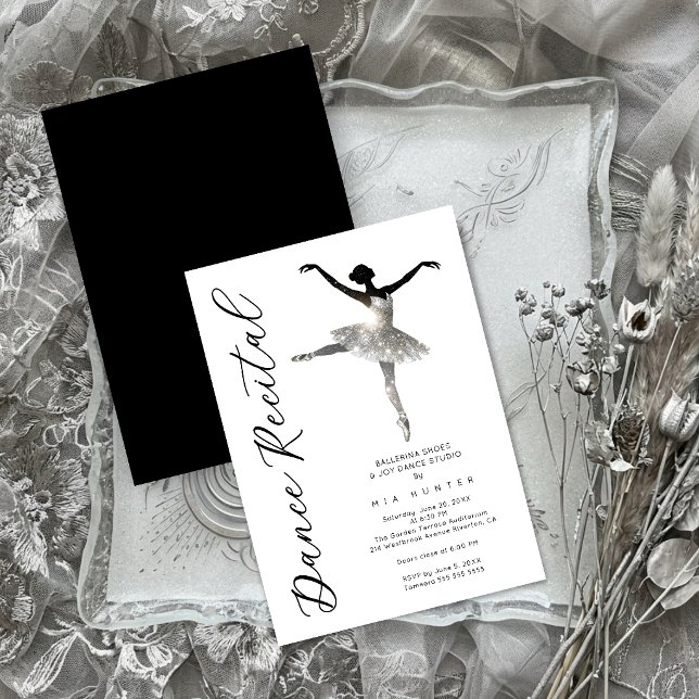 Refined Silver Sparkle Ballet Recital TMF26 Inbjudningar (Sophisticated Black and White Ballerina Dance Recital Invitation with Faux Silver Glitter Tutu.)