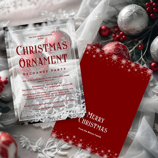 Refined Vellum Grey Shades Red Christmas Ornament Inbjudningar (Refined Vellum Grey Shades & Red Christmas Ornament Exchange Party Invitations Cards.)