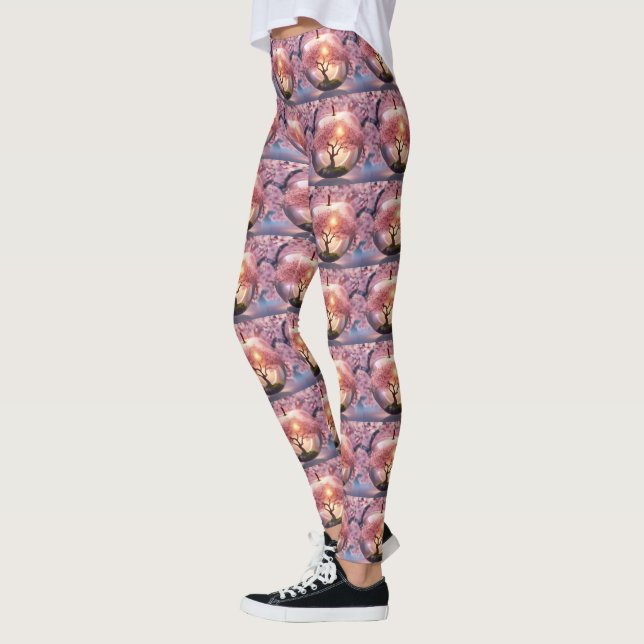 "Reflekterande fjäll: Glasäpple med Blommar Träd Leggings (Vänster)