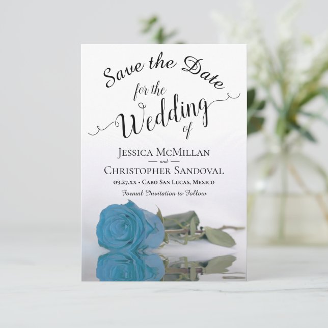 Reflekterande turkos Blue Ro Romantic Bröllop Spara Datumet (Stående Fram)