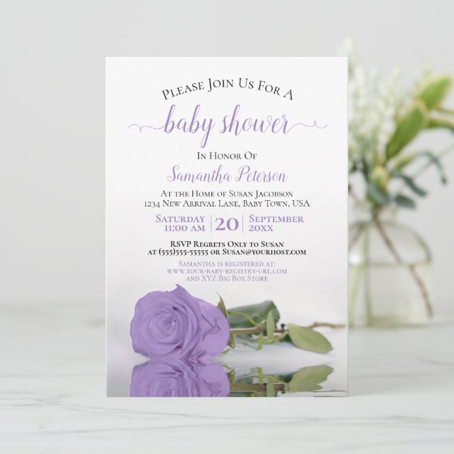 Reflekterar Lavender Ro Elegant Baby Shower Inbjudningar (Stående Fram)