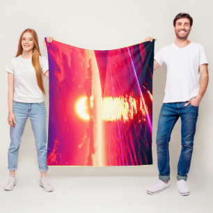 Reflektion av digital syntethwave Sunset Sea Fleecefilt