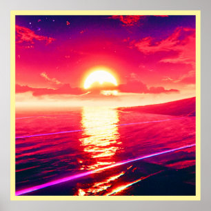 Reflektion av digital syntethwave Sunset Sea Poster