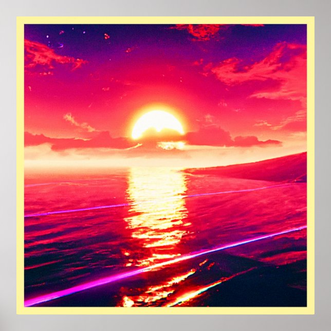 Reflektion av digital syntethwave Sunset Sea Poster (Framsidan)