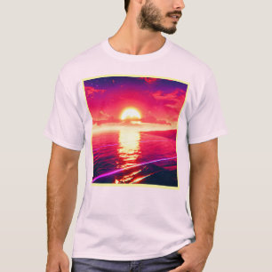 Reflektion av digital syntethwave Sunset Sea T Shirt