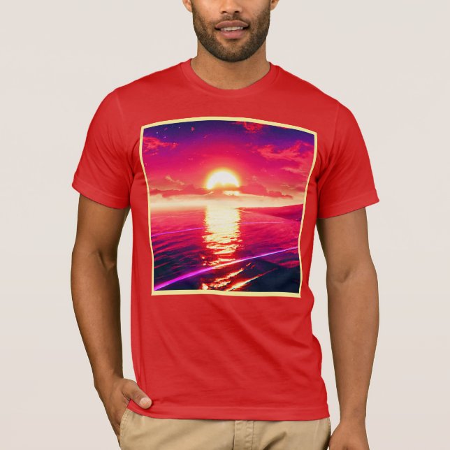 Reflektion av digital syntethwave Sunset Sea T Shirt (Framsida)