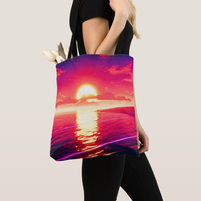 Reflektion av digital syntethwave Sunset Sea Tygkasse (Närbild)