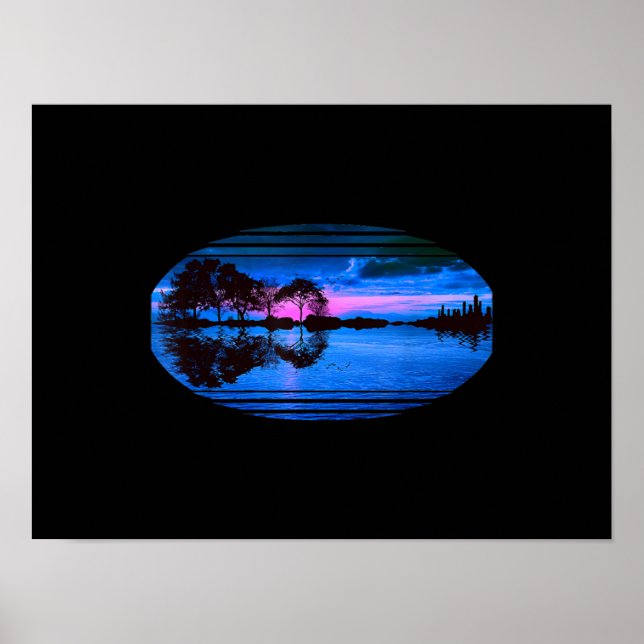 Reflektion av Guitar Sunset Himlar Träd City Sjö Poster (Framsidan)