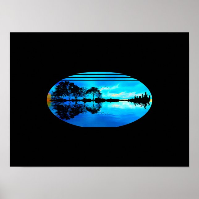 Reflektion av Guitar Sunset Himlar Träd City Sjö Poster (Framsidan)