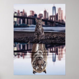 Reflektion av katt och tiger Vatten - Framgång, hu Poster