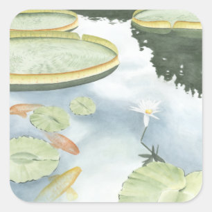 Reflektion av Koi Pond med fisk och lilier Fyrkantigt Klistermärke