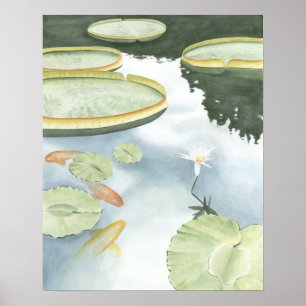 Reflektion av Koi Pond med fisk och lilier Poster