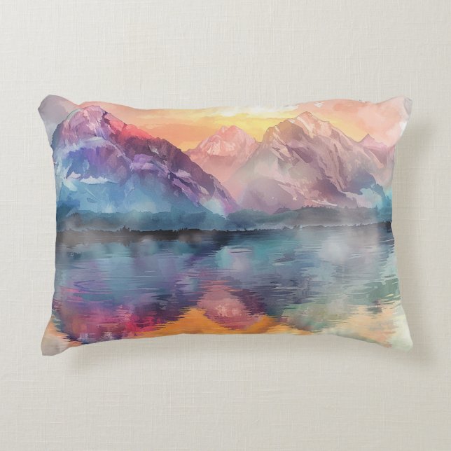 Reflektion av vattenfärgsberg - Dekorativ kudde (Framsidan)