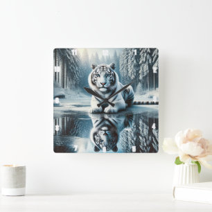 Reflektion av White Tiger Snö Fyrkantig Klocka