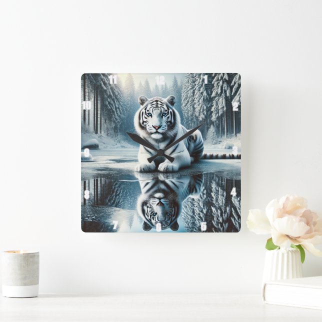 Reflektion av White Tiger Snö Fyrkantig Klocka (Hem)