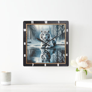 Reflektion av White Tiger Snö Fyrkantig Klocka