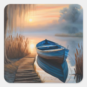 Reflektion från Rustik Blue boat Morgon Himlar Fyrkantigt Klistermärke