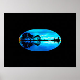 Reflektion över Guitar Sunset Himlar Träd City Sjö Poster