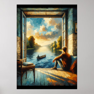 Reflektiv ensamhet: Människan i solnedgång Poster