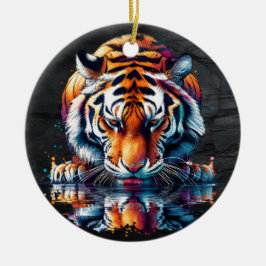 Reflexion av tiger som dricker vatten  julgransprydnad keramik