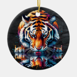 Reflexion av tiger som dricker vatten julgransprydnad keramik