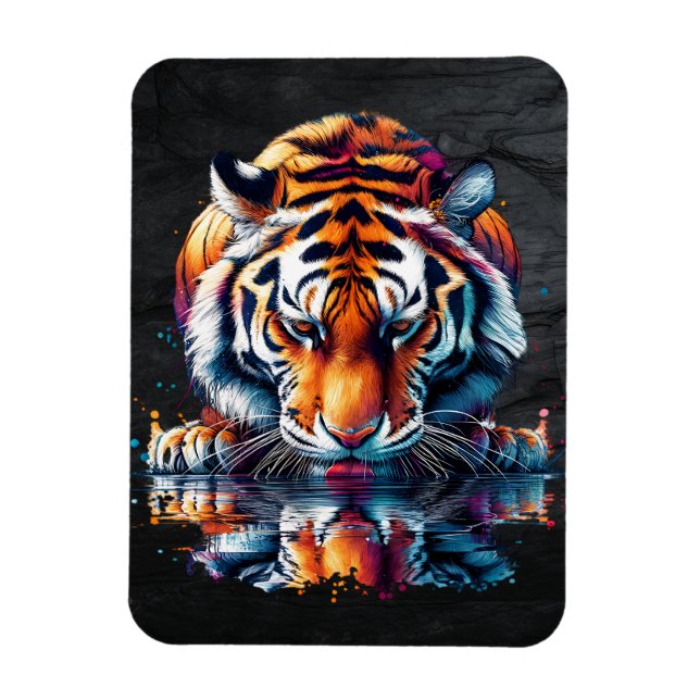 Reflexion av tiger som dricker vatten  magnet (Vertikal)