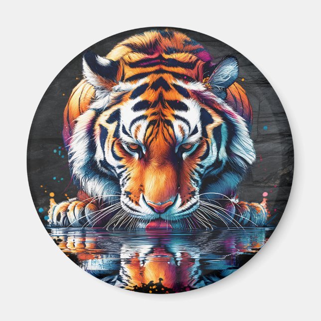 Reflexion av tiger som dricker vatten  magnet (Framsidan)