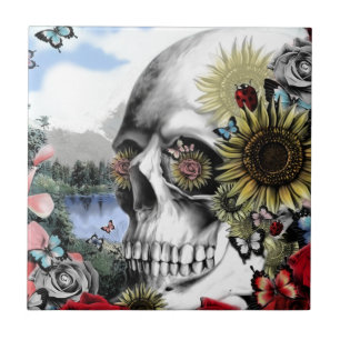Reflexion. Blommigten landskap skull.en Kakelplatta