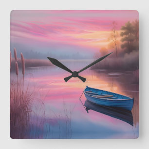 Reflexion om den blåa båten rosa himmel fyrkantig klocka