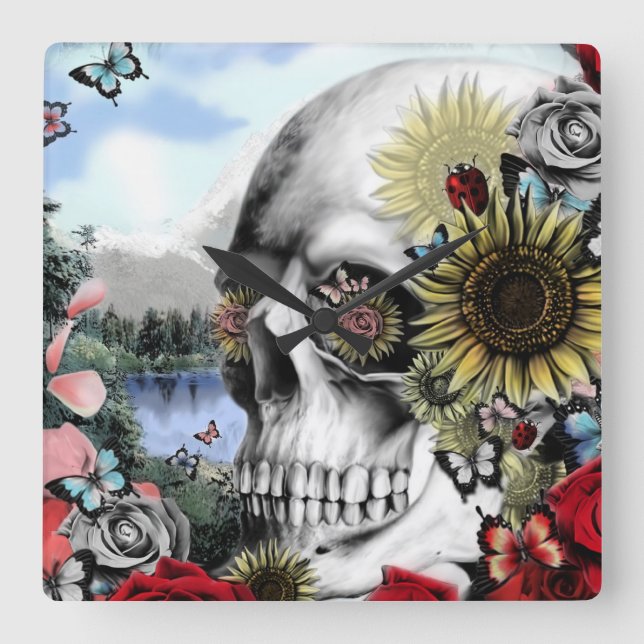 Reflexionen landskap skull.en fyrkantig klocka (Framsida)