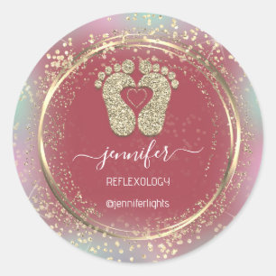 Reflexologi Heart Feet Holograph Guld Glitter Runt Klistermärke