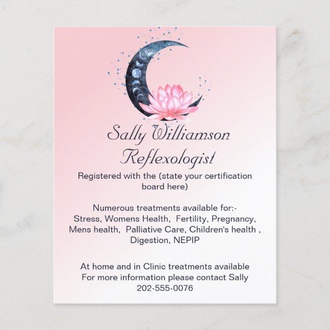 Reflexology Rosa Lotus Flower Måne Business Flygblad (Framsidan)