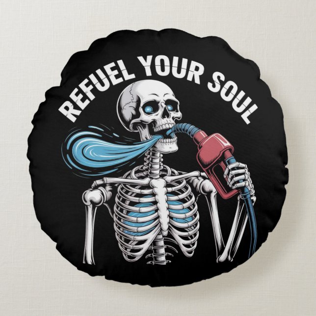 Refuel Your Soul Skeleton Art Rund Kudde (Framsidan)