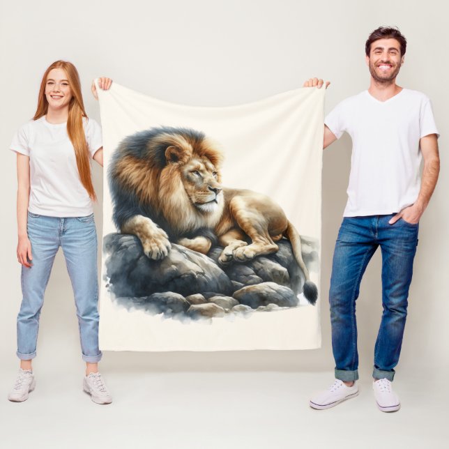 Regal African Lejon Restation på Sten - Vattenfärg Fleecefilt (På plats)