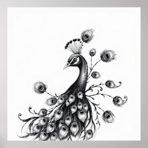 Regal Beauty: Peacock Charcol Art Poster