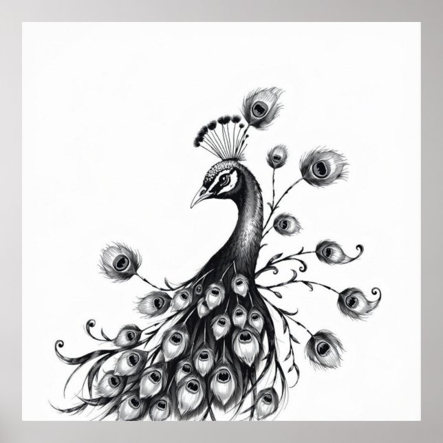 Regal Beauty: Peacock Charcol Art Poster (Framsidan)
