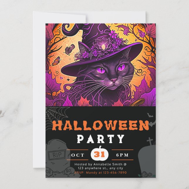 Regal Black Cat Witches Hat Black Halloween Inbjudningar (Framsida)