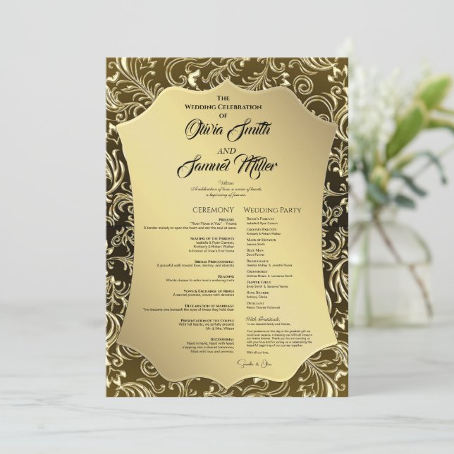 Regal Black Guld Damask Wedding Program (Stående Fram)
