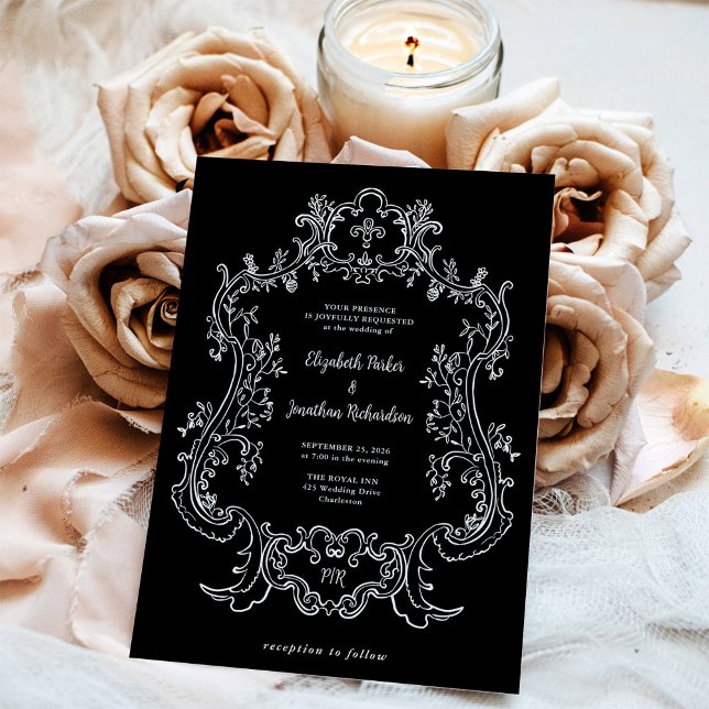 Regal Black | Vintage Baroque Ram Bröllop Inbjudningar (Skapare uppladdad)