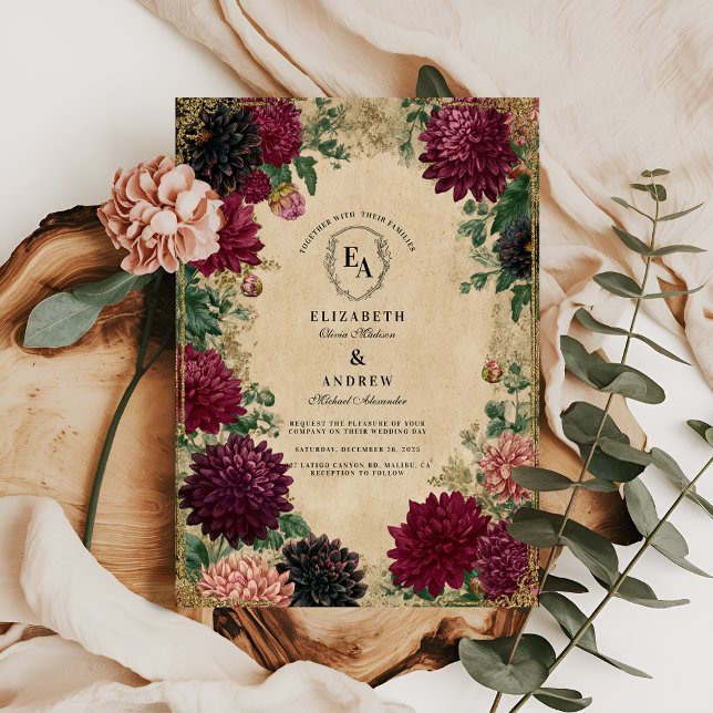 Regal Burgundy Dahlias med Ornate Guld Ram Inbjudningar (Skapare uppladdad)