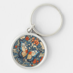 Regal Butterfly Amidst William Morris Blommigt Rund Silverfärgad Nyckelring