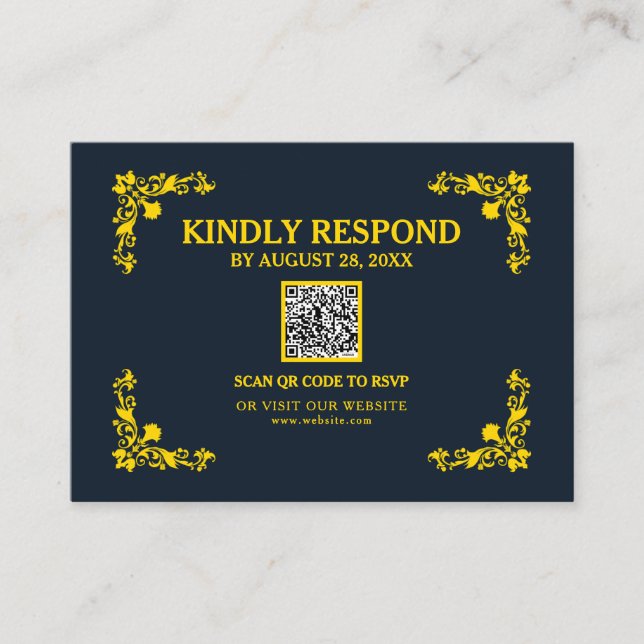 Regal Contrast Midnight Blue & Gold QR RSVP Card Tilläggskort (Framsida)