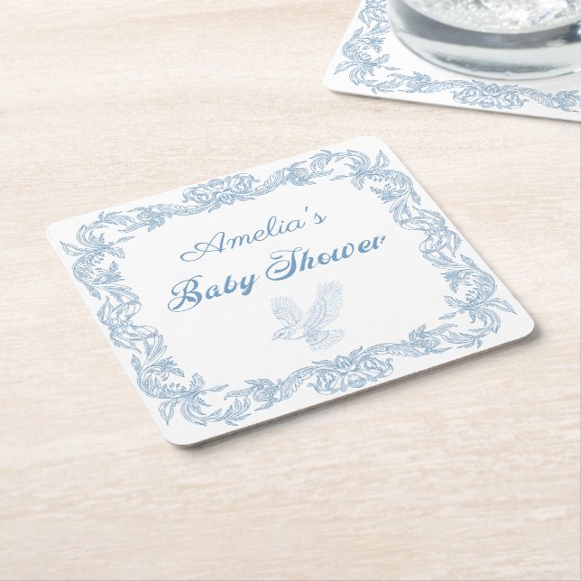 Regal Dusty Blue Baroque Ram Baby Shower Underlägg Papper Kvadrat (Vinklad)