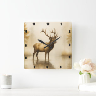 Regal Elk Impressive Antlers Misty Vatten Fyrkantig Klocka