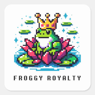 Regal Froggy - Pixel Frog med Krona Fyrkantigt Klistermärke