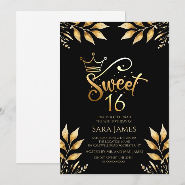 Regal Gold & Obsidian Sweet 16 Birthday Invitation Inbjudningar (Fram/baksida)