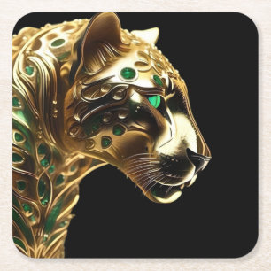 Regal Grace: Guld Jaguar med Emeralds Underlägg Papper Kvadrat